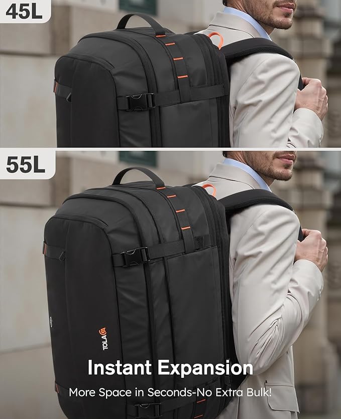 Tolaccea Large Convertible Garment Duffel Bag, Suit Carry On Backpack, TSA Flight Approved for Wrinkle-Free Travel with Dual Laptop Storage for 17.3" and 12.9" & Extra Toiletry Bag, 45-55L Expandable