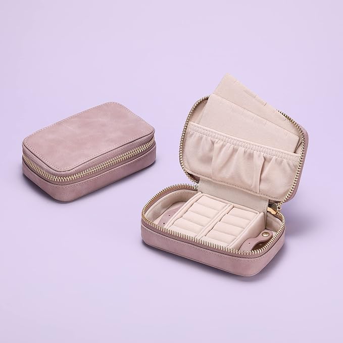 HISCOW Vegan Leather Travel Jewelry Case with Zipper - Portable Necklace & Earring Holder Organizer for Women Girls, Velvet-Lined Ring Box with Anti-Tarnish Design, Grayish Purple