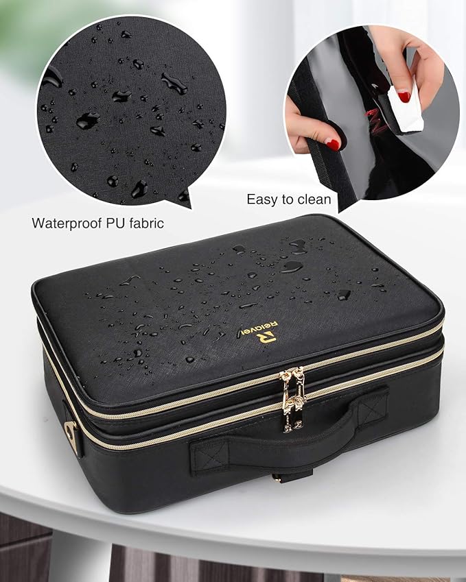 Relavel Makeup Case Large Makeup Bag Professional Train Case 16.5 inches Travel Cosmetic Organizer Brush Holder Waterproof Makeup Artist Storage Box, 3 Layer Large Capacity, with Adjustable Strap