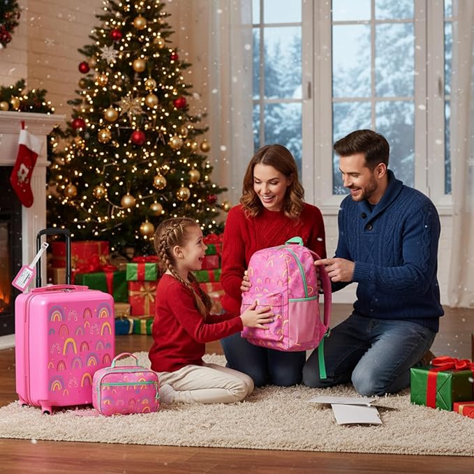 Redbaker 6 Pcs Kids Luggage Set 17 Inch Kids Rolling Luggage Double Pattern Suitcase for Girls Boys School Gift(Dusty Pink,Rainbow Style)