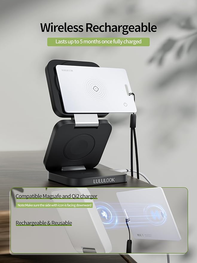 LULULOOK Wallet Tracker Card (iOS Only), Ultra Slim Airtag Wallet Works with Apple Find My, Wireless Rechargeable GPS Smartcard Tracker for Luggage, Tags, Passport, Purse, IP68 Waterproof, 1 Pack