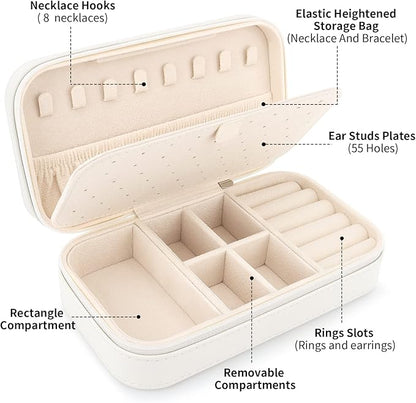 DesignSter Travel Jewelry Box, PU Leather Portable Jewelry Case, Small Jewelry Boxes for Gifts, Travel Jewelry Organizer for Women Rings Earrings Necklaces Bracelets (Beige)