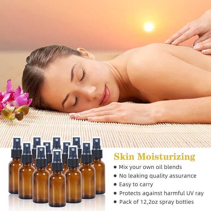 2oz Glass Spray Bottle, Fine Mist Boston Glass Bottles with Black Fine Mist Sprayer Small Clear Bottles for Essential Oils, Bath, Beauty, Hair & Cleaning, Amber, Pack of 12