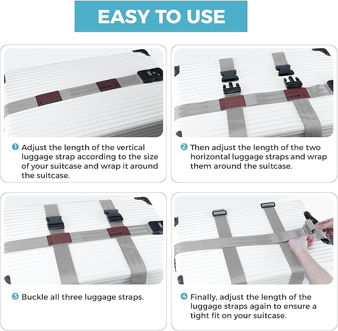Luggage Straps with TSA Lock, Adjustable Heavy Duty Grey Luggage Straps for Suitcase with Reinforced Buckles, Cross Luggage Strap TSA Approved Combination Locks with Name Tags for Travel & Trip