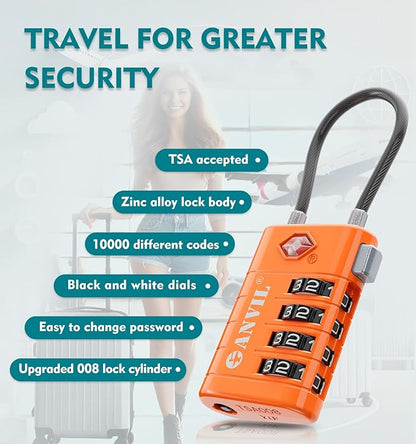ANVIL 4 Digit Luggage Locks, TSA Locks for Luggage, Advanced TSA008 core, Alert Indicator for Your Travel Lock, Suitcase Lock. (3, Orange)