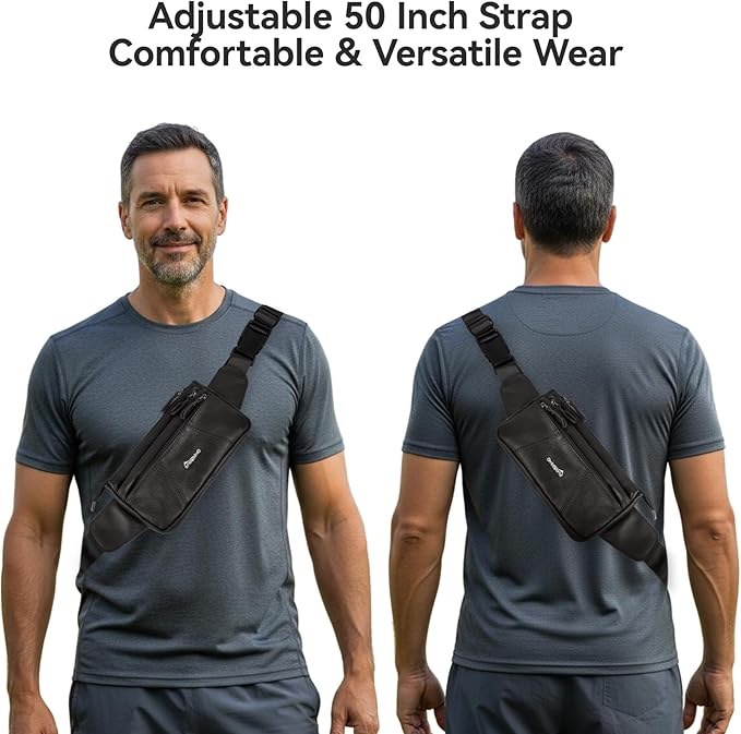 Genuine Leather Fanny Pack For Men and Women Multiple Pockets Waist Bag with Adjustable Strap for Outdoors Workout Traveling Casual Running Hiking Cycling Black Belt Bag