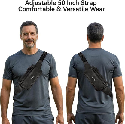 Genuine Leather Fanny Pack For Men and Women Multiple Pockets Waist Bag with Adjustable Strap for Outdoors Workout Traveling Casual Running Hiking Cycling Black Belt Bag