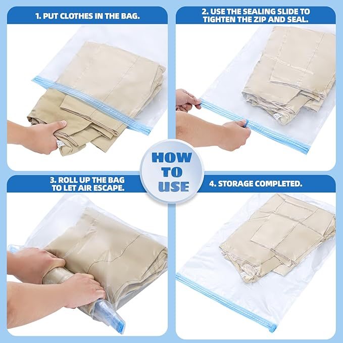 12PK Pump-Free Compression Vacuum Bags for Travel, Roll-up Space Saver Storage Bags for Clothes (6 Large 16''x24'' + 6 Small 14''x 20'') Travel Essentials & Organizers