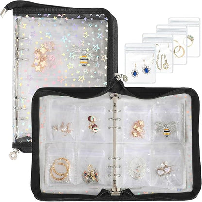 Earring Organizer Case Travel Jewelry Storage Book Clear with Small Zippered Pouch (Black, With 80 Pcs small Jewelry Pouches)