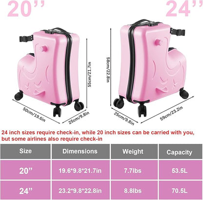 20 Inch Kid Ride Suitcase, Kid Luggage Seat Ride With Lock - Kids Travel Trolley With Safety Belt, Luggage For Kids Airplane Travel,Suitcase To Aged 1-6 Years Old,ABS+PC (Pink)