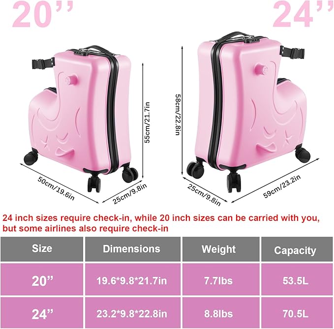 24 Inch Kid Ride Suitcase,Kid Luggage Seat Ride With Lock - Kids Travel Trolley With Safety Belt, Kids Luggage With Wheels Child Stroller Spinner Luggages, ABS+PC (Pink, 6-12 Years)