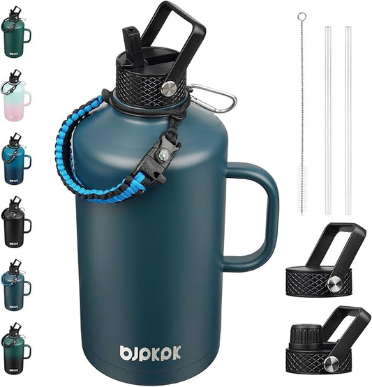 BJPKPK 1 Gallon Water Bottle Insulated with Straw Lid, 50oz, 64oz, 87oz, 128oz Large, Stainless Steel Water Bottles with 3 Lids and Paracord Strap, Double Wall Vacuum Metal Water Jug,Navy Blue