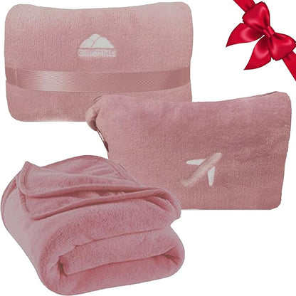 BlueHills Premium Soft Travel Blanket Pillow Compact Mini Airplane Blanket with Portable Pillowcase Long Flights - Dusty Rose Pink M02