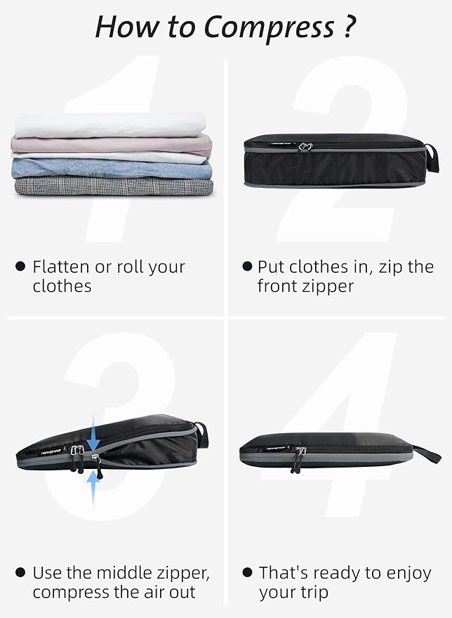 Bagail Ultralight Compression Cubes 7 Set - 3 Packing Cubes, 3 Organizers, and 1 Shoe Bag