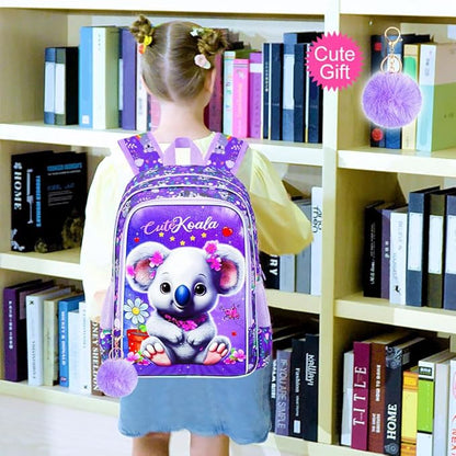 WZLVO 3PCS Backpack for Girls, 16" Kids Koala Preschool Bookbag with Lunch Box，Cute Animal Water Resistant School Backpacks Set for Elementary Kindergarten