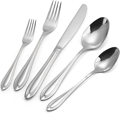 Silverware Set for 8, 40-Piece Flatware Set Include Spoons And Forks Set, Stainless Steel Cutlery Set with Line Pattern, Mirror Polished, Dishwasher Safe.