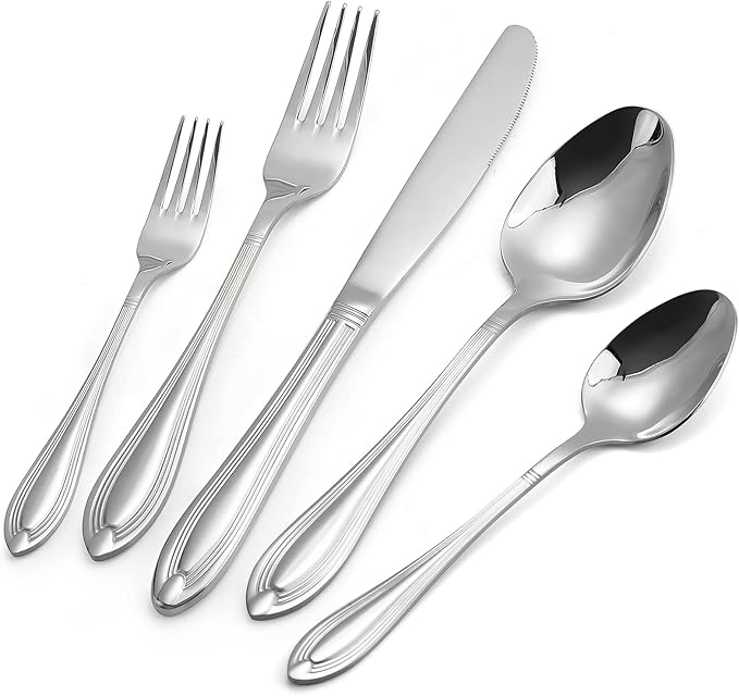 Silverware Set for 4, 20-Piece Flatware Set Include Spoons And Forks Set, Stainless Steel Cutlery Set with Line Pattern, Mirror Polished, Dishwasher Safe.