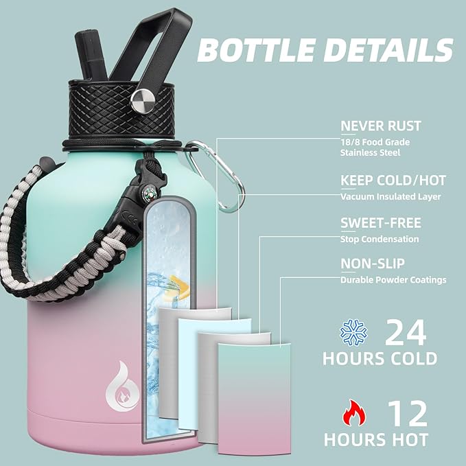 BJPKPK Insulated Water Bottles with Straw Lid, 50oz, 64oz, 87oz, 128oz Large Water Bottle with 3 Lids and Paracord Handle, Stainless Steel Metal Water Bottle, Insulated Water Jug,Marshmallow