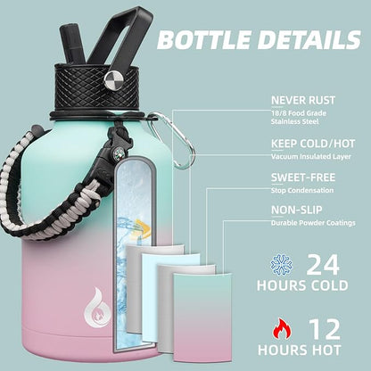 BJPKPK Insulated Water Bottles with Straw Lid, 50oz, 64oz, 87oz, 128oz Large Water Bottle with 3 Lids and Paracord Handle, Stainless Steel Metal Water Bottle, Insulated Water Jug,Marshmallow