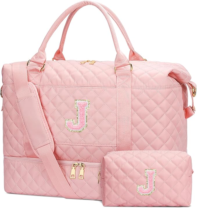 Gifts for Women Girls Initial Travel Duffle Bag Quilted Weekender Carry-On Overnight with Cosmetic Bag, Gym Bag with Shoe Compartment Hospital Bag for Labor Delivery, Pink J
