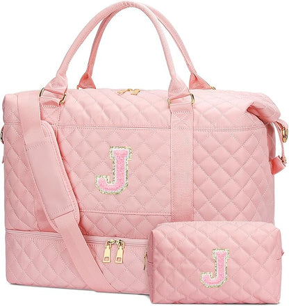 Gifts for Women Girls Initial Travel Duffle Bag Quilted Weekender Carry-On Overnight with Cosmetic Bag, Gym Bag with Shoe Compartment Hospital Bag for Labor Delivery, Pink J