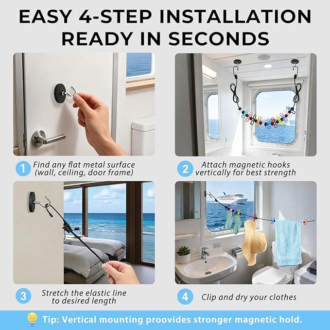 Magnetic Clothesline for Cruise Ship Cabin Approved – Non-Scratch Rubber-Coated Magnets with 12 Clips & Waterproof Storage Bag, Portable Travel Clothes Line, Cruise Essentials 2025