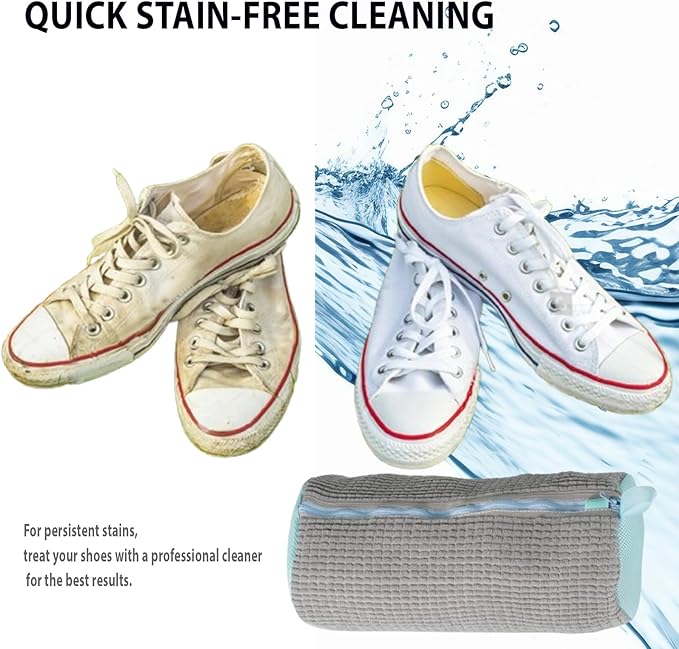 2Pcs Shoe Washing Machine Bag, Durable Laundry Shoe Bag for Washing Machine, Fluffy Fibers 360° Cleaning, Includes Liquid Shoe Brush & Travel Dust Bag, Ideal for Sneakers & Gym Shoes (Gray)