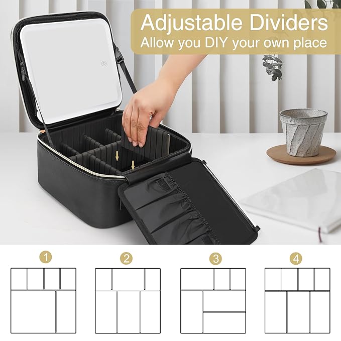 Relavel Travel Makeup Bag With LED Mirror, Cosmetic Train Case with Light up Mirror, Portable Makeup Artist Organizer Bag with Adjustable Dividers, Makeup Brush Holder Storage, Black