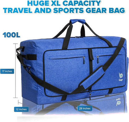 Bago Large Foldable Duffel Bags for Traveling Women & Men - 100L Packable Duffle Bag for Travel with Shoe Compartment - Water Repellant, Heavy Duty, Lightweight Folding & Collapsible (SnowDepBlue)