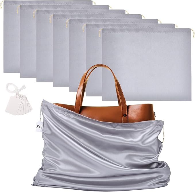 Ewen 7 Pack Satin Shoe Bags Dustproof, 23.6x19.6in Dust Bags for Handbags with Drawstring, Large Travel Essentials Packing Bag, Purse Organizer with Blank Tags for Closet Storage Jewelry Organization