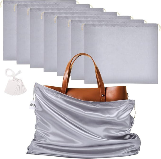 Ewen 7 Pack Satin Shoe Bags Dustproof, 23.6x19.6in Dust Bags for Handbags with Drawstring, Large Travel Essentials Packing Bag, Purse Organizer with Blank Tags for Closet Storage Jewelry Organization