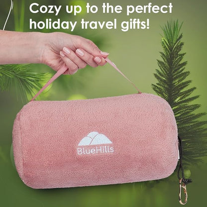 BlueHills Travel Blanket Pillow Rolled Premium Soft Plush Airplane Throw Traveling Gifts Compact in a Bag 70 X 48 inches Long Plane Flight Portable Lightweight Pink R02