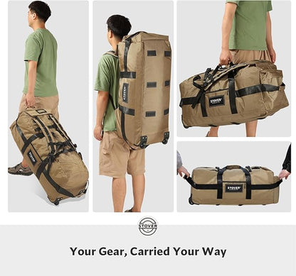 STOVER 80L Rolling Duffel Bag with Wheels, Large 31 Inch Durable Travel Duffle Bag + Toiletry Bag, Heavy Duty, Packable, Foldable w/Shoulder Straps- Use as Luggage or Backpack, Men/Women (Tan)