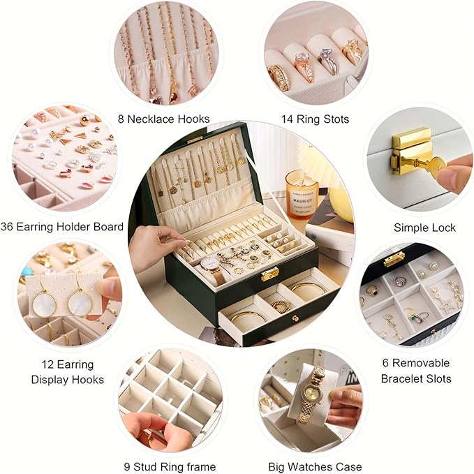 GUOER Jewelry Box for Women Girl Wife - Large PU Leather Jewelry Organizer Storage Case with Two Layers Display for Earrings Bracelets Rings Watches (Champagne)