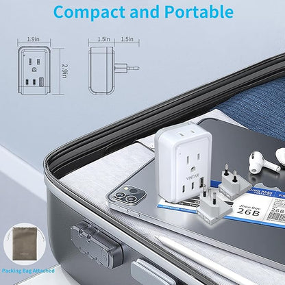 European Travel Plug Adapter Kit, VINTAR International Plug Adapter with 3 USB Ports (2 USB C, 3.4A) 2 American Outlets, Type L,C Detachable Attachments, Adapter for US to Chile Germany France Italy