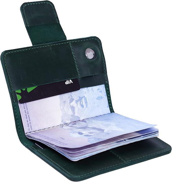 Leather Travel Passport Wallet - Passport Holder for Travel Compatible with Airtag Passports Cover with Card Slots & Note Compartment, Magnetic Closure, Genuine Leather Crazy Horse, Vintage Green
