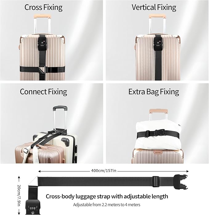 Luggage Straps, TSA Approved Black Heavy Duty Suitcase Belt with Combination Lock, Adjustable Cross Strap for Checked and Carry-On Bags, Includes ID Name Tags (1-Pack)