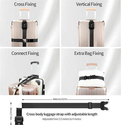 Luggage Straps, TSA Approved Black Heavy Duty Suitcase Belt with Combination Lock, Adjustable Cross Strap for Checked and Carry-On Bags, Includes ID Name Tags (1-Pack)