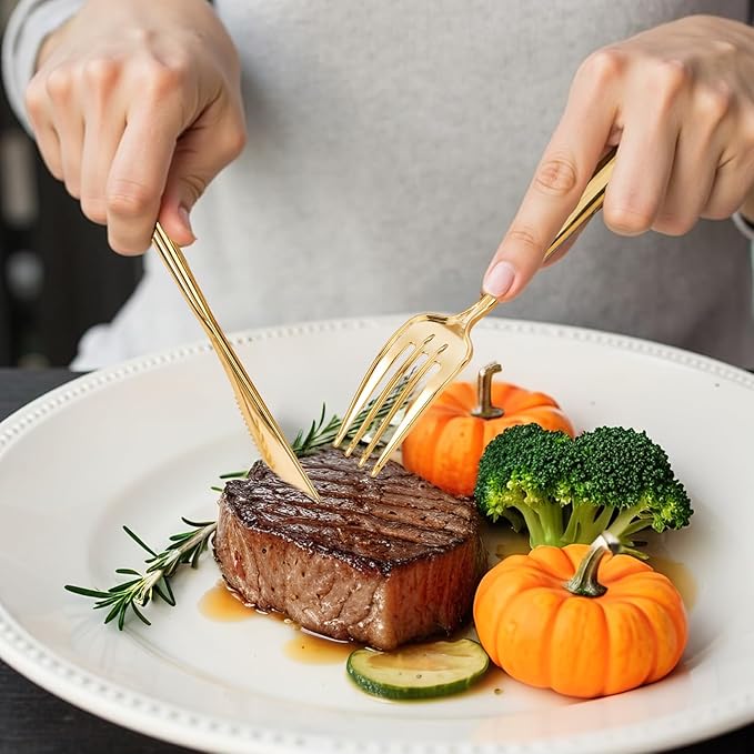 MirthMood 36 PCS Gold Plastic Silverware,Gold Silverware Disposable,Disposable Utensils Heavy Duty,Plastic Cutlery Set,Includes:12 Knives, Forks and Spoons for Party, Birthday,Wedding