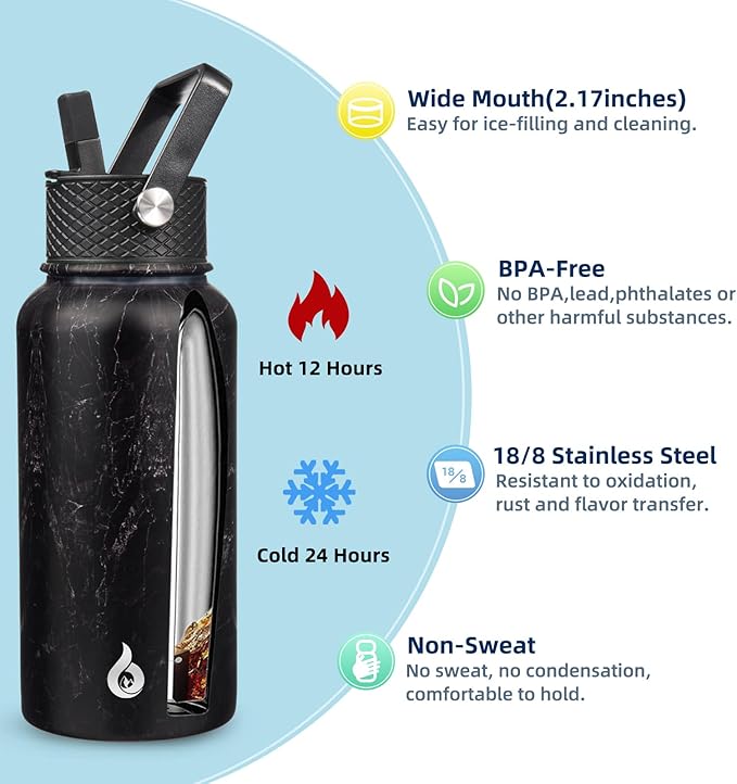 BJPKPK Insulated Water Bottles with Straw Lid, 27oz Stainless Steel Water Bottle with 3 Lids, Leak Proof BPA Free Metal Thermo, Mugs, Tumblers, Keep Cold Hot -Midnight