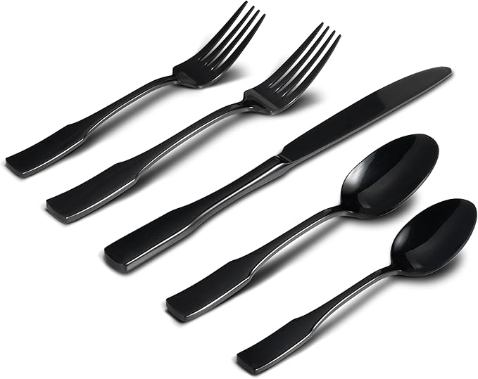 Alata Kate Black Mirror 40-Piece Silverware Set,Service for 8,Stainless Steel Flatware Set,Mirror Cutlery Set,Dishwasher Safe