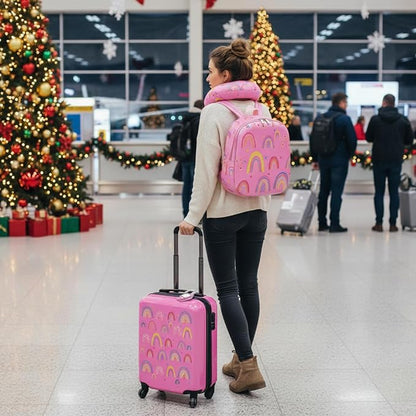 Sanwuta 4 Pcs Kids Luggage Set Backpack Travel Rolling Suitcase U-shape Pillow Christmas Children Gift for Girls Boys(17 Inch,Rainbow Style,Pink)