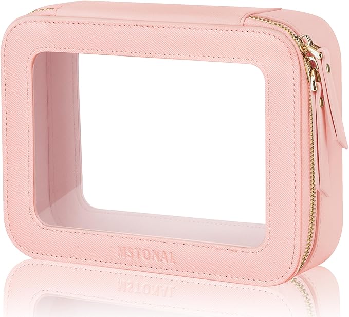 Clear Makeup Bag, Travel Toiletry Bag Cosmetic Case for Women, Waterproof Portable Make Up Skincare Pouch with Zipper, Compact Car Organizer Bag for Essentials, Medium Size, Pink