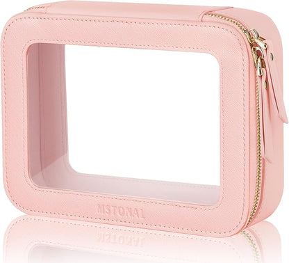 Clear Makeup Bag, Travel Toiletry Bag Cosmetic Case for Women, Waterproof Portable Make Up Skincare Pouch with Zipper, Compact Car Organizer Bag for Essentials, Medium Size, Pink