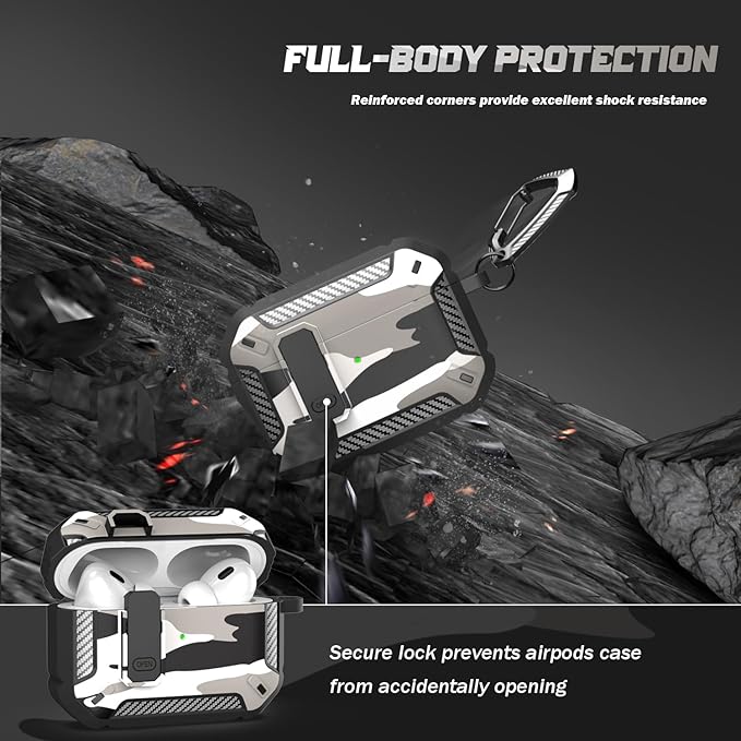 RFUNGUANGO for AirPods Pro 2nd Gen Protective Case with Cleaning Kit, Military Hard Case Protective Armor with Lock, for AirPod Gen 2 Charging Case (2023/2022/2019, 2nd Gen/1st Gen),Snow Camouflage
