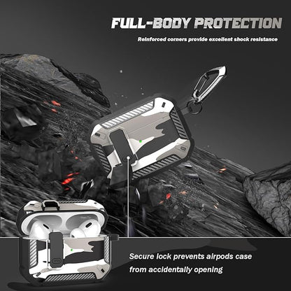 RFUNGUANGO for AirPods Pro 2nd Gen Protective Case with Cleaning Kit, Military Hard Case Protective Armor with Lock, for AirPod Gen 2 Charging Case (2023/2022/2019, 2nd Gen/1st Gen),Snow Camouflage