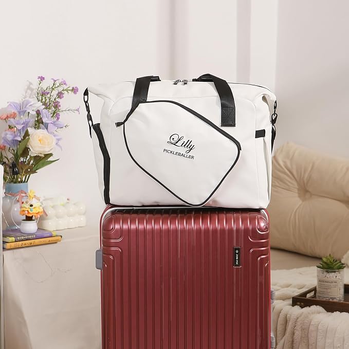 Personalized Duffel Bag Custom Sport Gym Travel Bags Embroidered Name Text Customized Dry Wet Separated Weekend Waterproof Bag for Women Men (D-White)