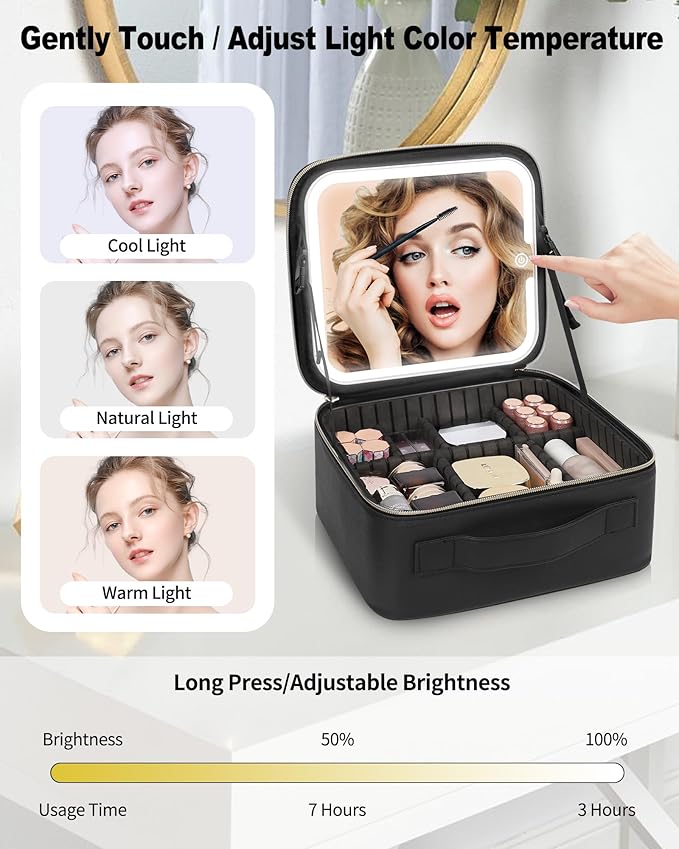 TANTO Makeup Bag With LED Mirror, Travel Makeup Case with Light up Mirror Large Cosmetic Case with 3 Color Lighted Portable Organizer Bag with Adjustable Dividers（Black）