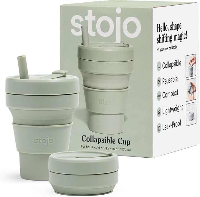 STOJO Collapsible Travel Cup With Straw - Sage Green, 16oz / 470ml - Reusable To-Go Pocket Size Silicone Bottle for Hot and Cold Drinks - Perfect for Camping and Hiking - Microwave & Dishwasher Safe