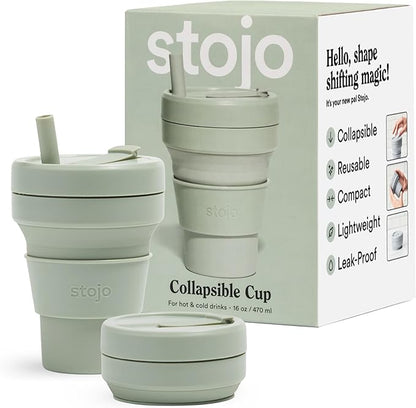 STOJO Collapsible Travel Cup With Straw - Sage Green, 16oz / 470ml - Reusable To-Go Pocket Size Silicone Bottle for Hot and Cold Drinks - Perfect for Camping and Hiking - Microwave & Dishwasher Safe